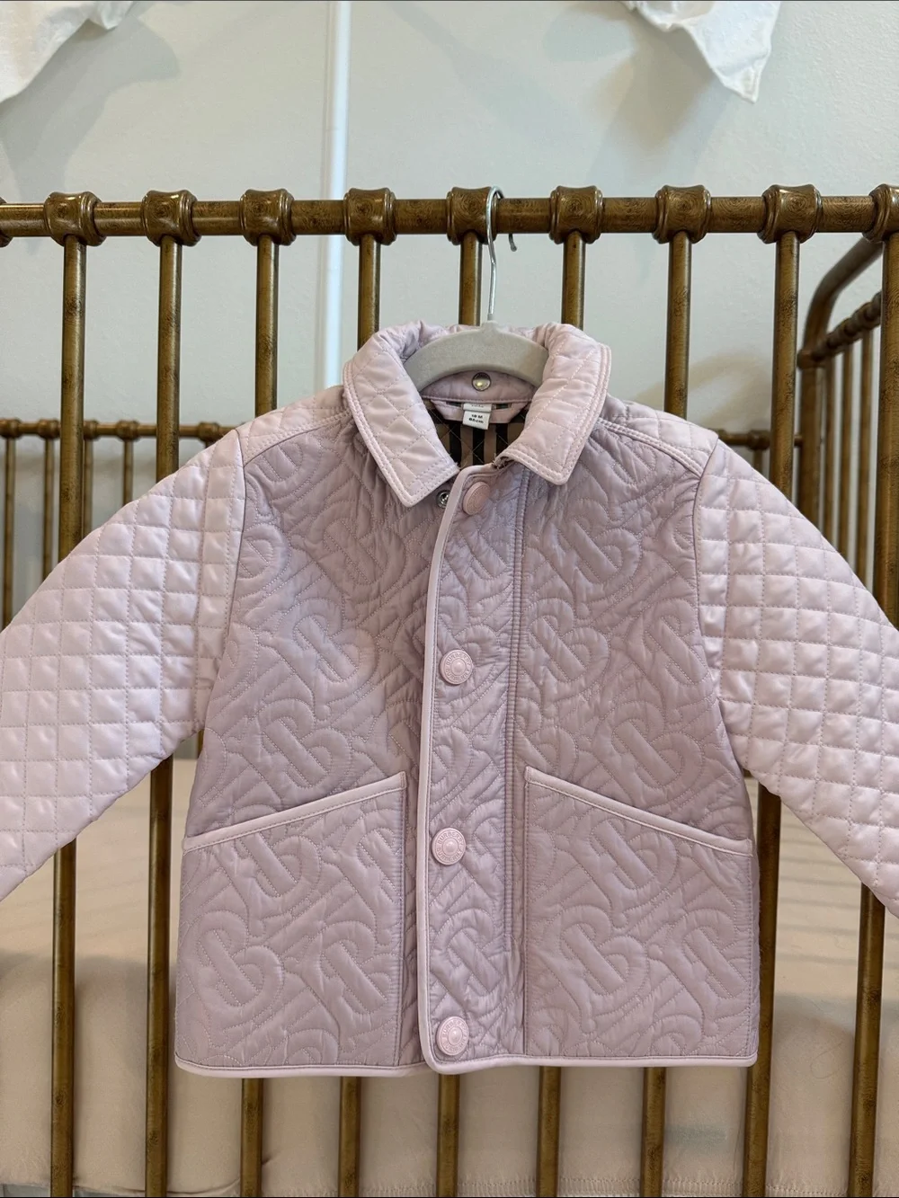 Burberry Light Pink Quilted Kids Coat with Patch Pockets